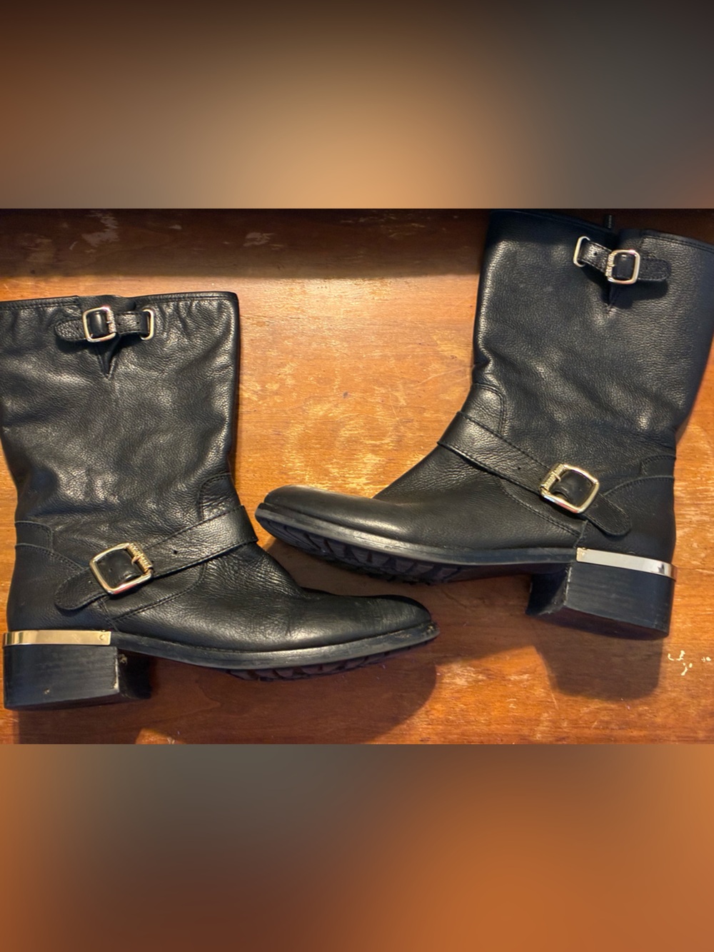 Vince Camuto Black Leather Mid-Calf Moto Boots with Buckle Detail